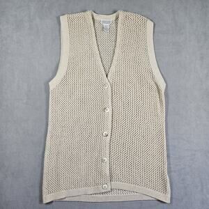 Vtg Lands End Vest Womens L Open Knit Cream Crochet Boho Silk Cotton Granny